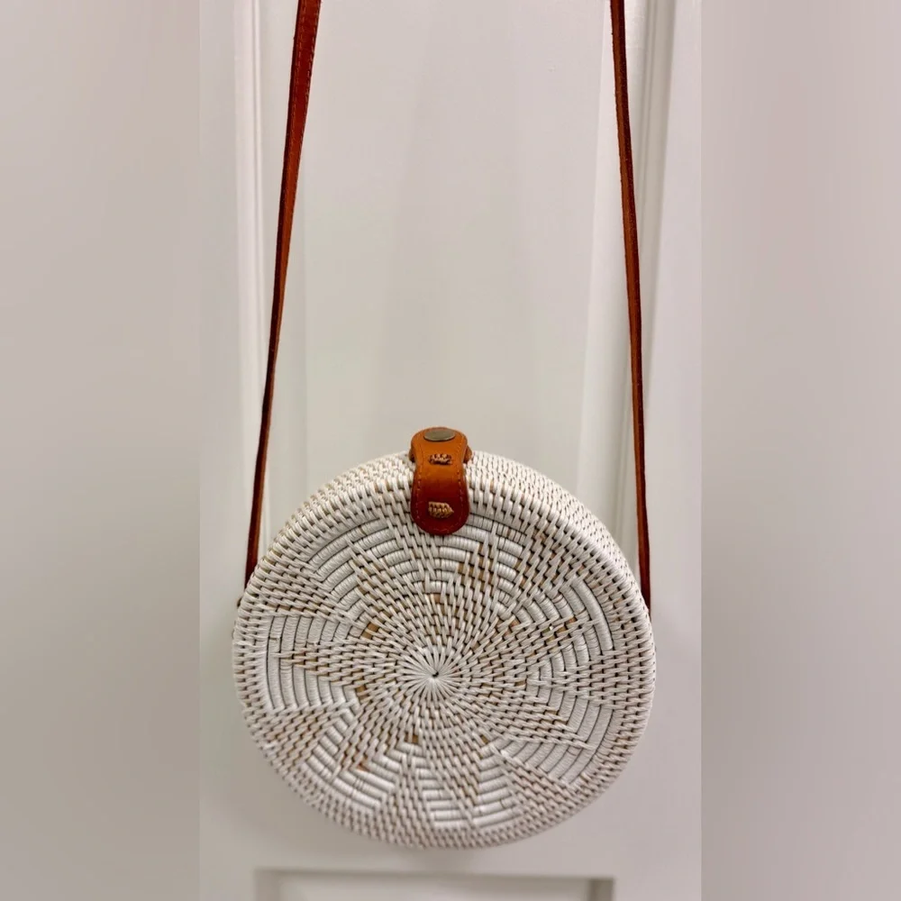 HANDMADE White Woven Boho Rattan Round Crossbody Leather Strap Tropical Lining